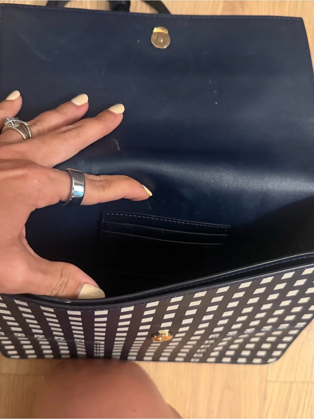 Tory Burch Navy and Cream Gingham Foldover Wallet